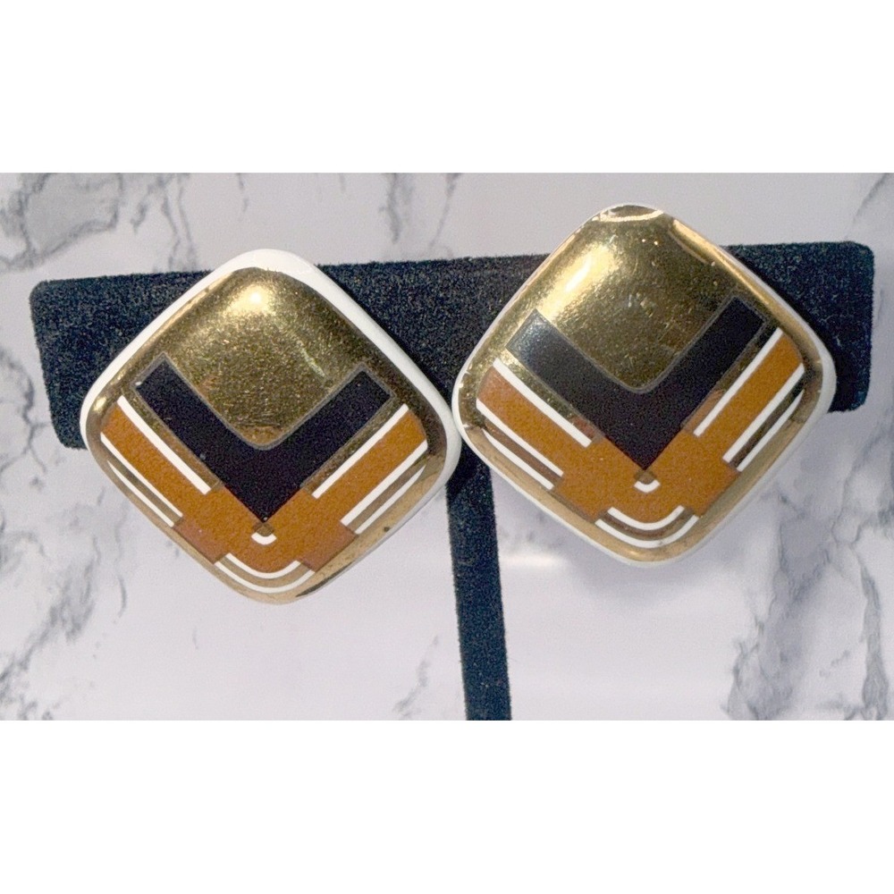 Vintage Geometric Clip On Earrings Gold Brown Black Retro Mod 1"